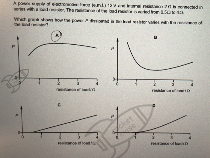 A power supply of electromotive force (e. m.f.) 12 V and internal resistance 2Ω is connected in 
series with a load resistor. The resistance of the load resistor is varied from 0.5Ω to 4Ω. 
Which graph shows how the power P dissipated in the load resistor varies with the resistance of 
the load resistor?