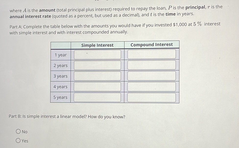 where A is the amount (total principal plus interest) required to repay the loan, P is the principal, γ is the
annual interest rate (quoted as a percent, but used as a decimal), and t is the time in years.
Part A: Complete the table below with the amounts you would have if you invested $1,000 at 5 % interest
with simple interest and with interest compounded annually.
Part B: Is simple interest a linear model? How do you know?
No
Yes