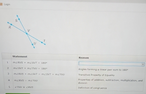 Login
Statement Reason
m∠ RVS+m∠ SVT=180°
2 m∠ SVT+m∠ TVU=180° Angles forming a linear pair sum to 180°
2 m∠ RVS+m∠ SVT=m∠ SVT+m∠ TVU Transitive Property of Equality
4 m∠ RVS=m∠ TVU
Properties of addition, subtraction, multiplication, and
division
5 ∠ TVU≌ ∠ RVS Definition of cangruence