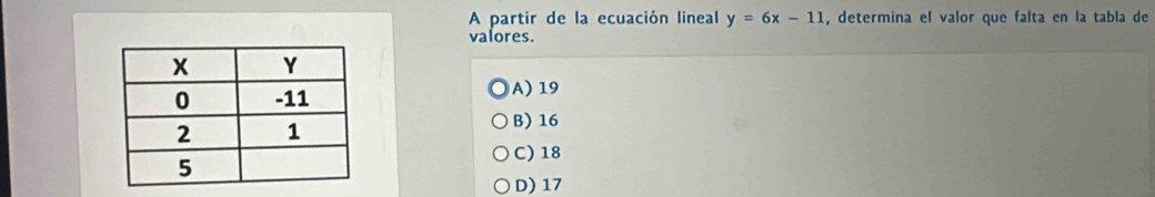 A partir de la ecuación lineal y=6x-11 , determina el valor que falta en la tabla de
valores.
A) 19
B) 16
C) 18
D) 17