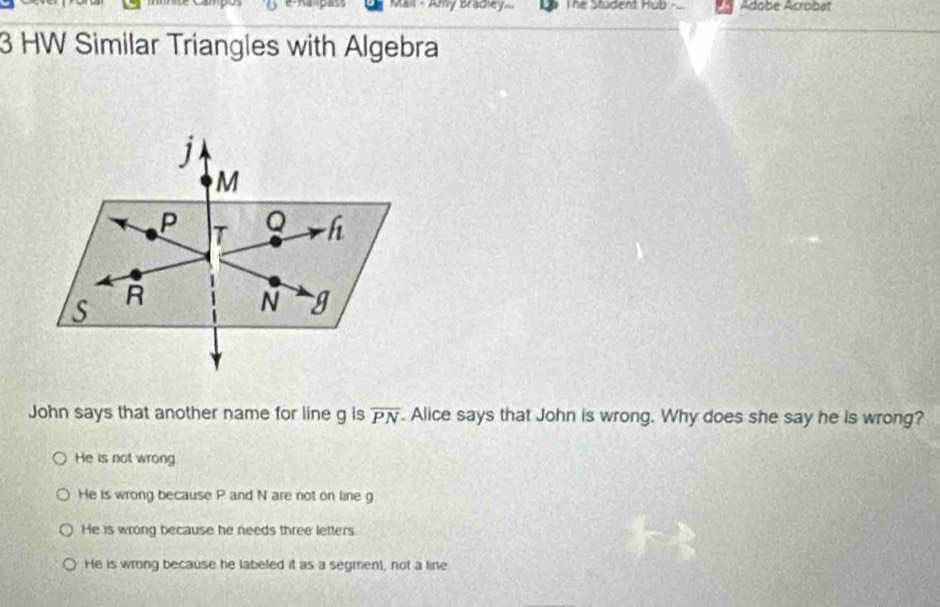 Mail - Amy Bradiey... The Student Hub Adobe Acrobat
3 HW Similar Triangles with Algebra
j
M
P T Q f_1
S R
N g
John says that another name for line g is overline PN. Alice says that John is wrong. Why does she say he is wrong?
He is not wrong
He is wrong because P and N are not on line g
He is wrong because he needs three letters.
He is wrong because he labeled it as a segment, not a line