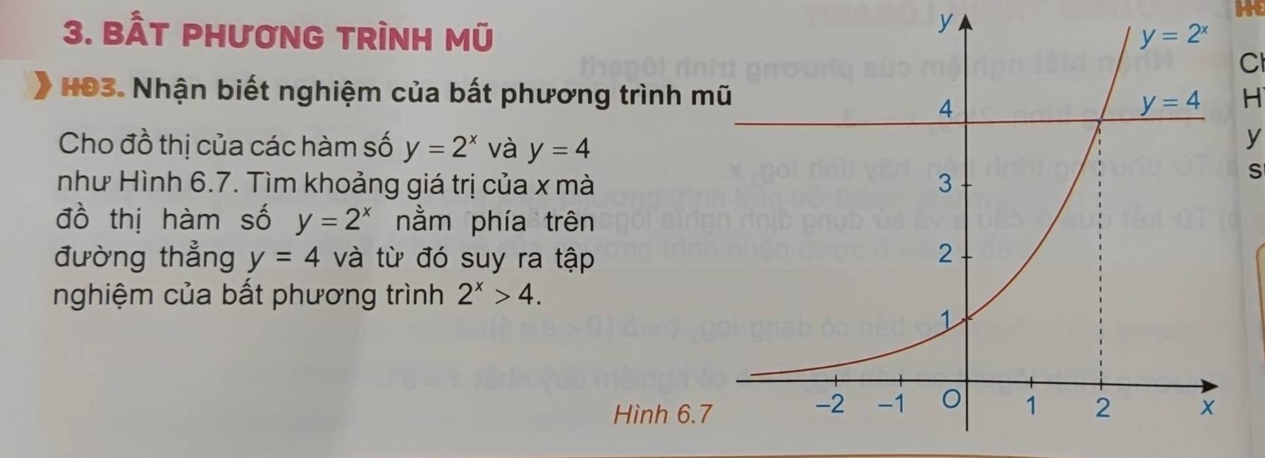 he
3. BÂT PHƯƠNG TRÌNH MÜ
C
HĐ3. Nhận biết nghiệm của bất phươH
Cho đồ thị của các hàm số y=2^x và y=4
y
như Hình 6.7. Tìm khoảng giá trị của x m
S
đồ thị hàm số y=2^x nằm phía trê
đường thẳng y=4 và từ đó suy ra tậ
nghiệm của bất phương trình 2^x>4.