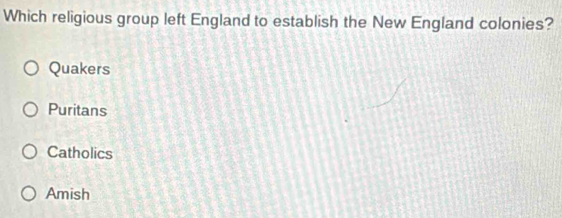 Which religious group left England to establish the New England colonies?
Quakers
Puritans
Catholics
Amish