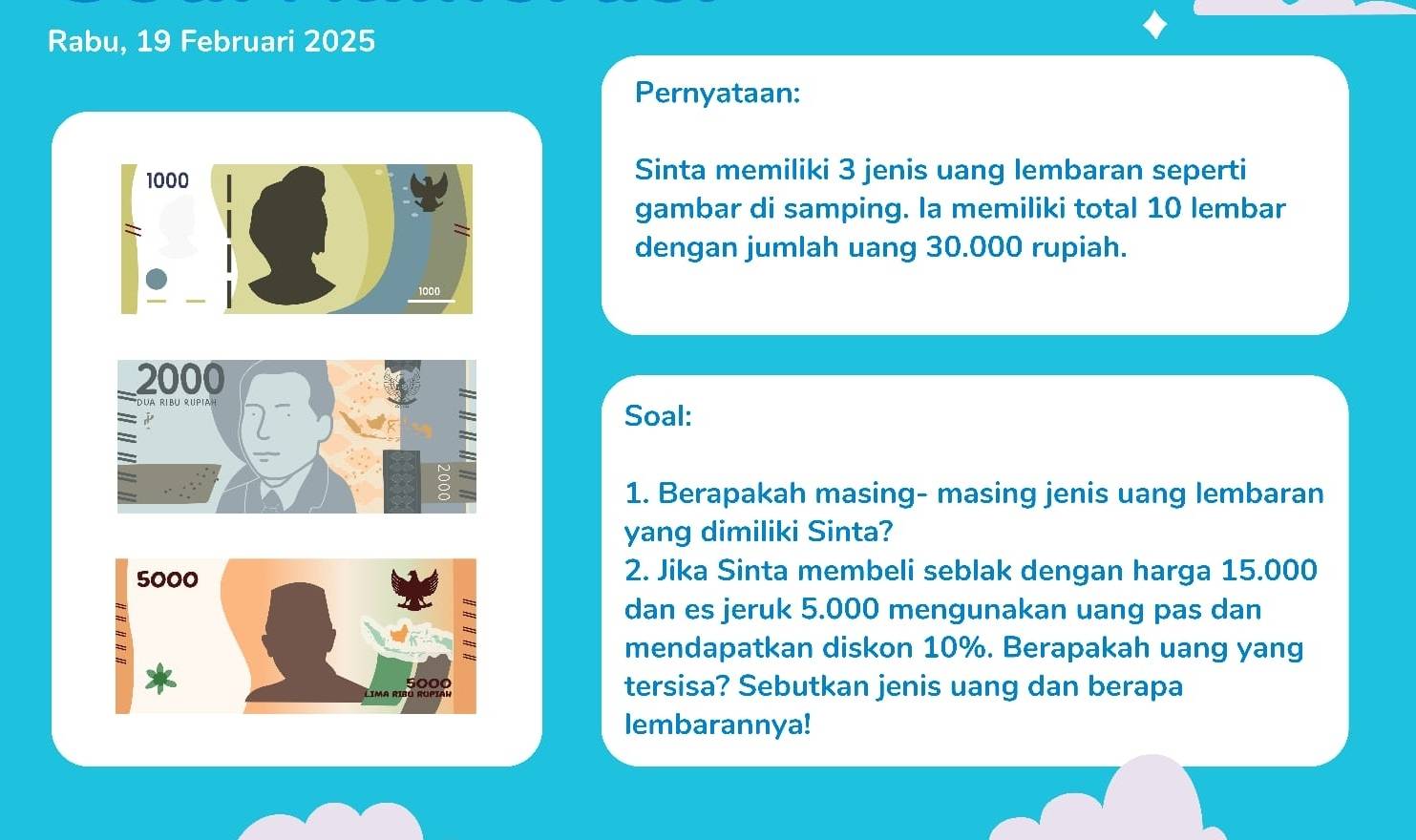 Rabu, 19 Februari 2025 
Pernyataan:
1000
Sinta memiliki 3 jenis uang lembaran seperti 
gambar di samping. la memiliki total 10 lembar 
dengan jumlah uang 30.000 rupiah. 
Soal: 
1. Berapakah masing- masing jenis uang lembaran 
yang dimiliki Sinta? 
2. Jika Sinta membeli seblak dengan harga 15.000
dan es jeruk 5.000 mengunakan uang pas dan 
mendapatkan diskon 10%. Berapakah uang yang 
tersisa? Sebutkan jenis uang dan berapa 
lembarannya!