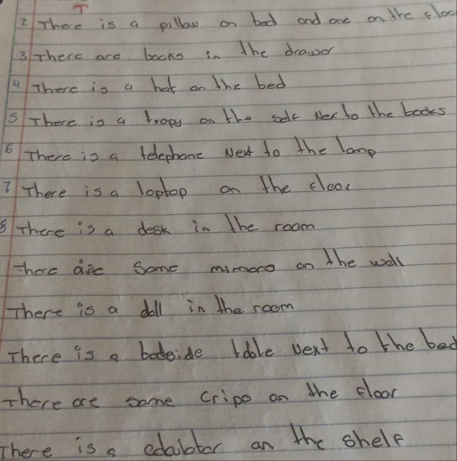 2There is a pillow on bed and one on the floo 
3 There are books in the drawer 
4 There is a hot on the bed 
S There is a tropy on the self Nex to the books 
6 There is a telephone Next to the lane 
7There is a loptop on the cleac 
8There is a desk in the room 
There aic Some mimoro on the well 
There is a doll in the room 
There is a bodeide lable vext to the bed 
There are some cripo on the floor 
There is a edubter on the shele