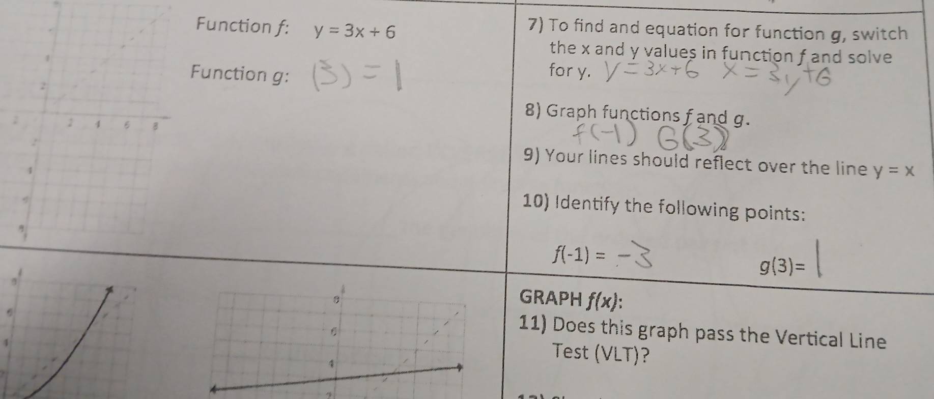 Function f: y=3x+6
7) To find and equation for function g, switch 
the x and y values in function f and solve 
Function g : for y. 
8) Graph functions f and g. 
9) Your lines should reflect over the line y=x
10) Identify the following points:
f(-1)=
g(3)=
GRAPH f(x)
11) Does this graph pass the Vertical Line 
4 
4 
Test (VLT)?