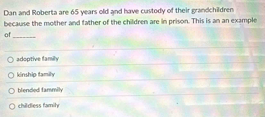 Dan and Roberta are 65 years old and have custody of their grandchildren
because the mother and father of the children are in prison. This is an an example
of_
adoptive family
kinship family
blended fammily
childless family