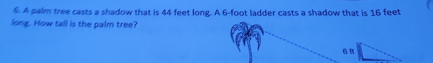 A palm tree casts a shadow that is 44 feet long. A 6-foot ladder casts a shadow that is 16 feet
long. How tall is the palm tree?