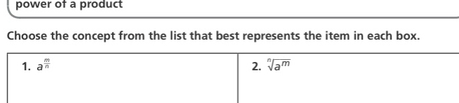 power of a product 
Choose the concept from the list that best represents the item in each box. 
1. a^(frac m)n 2. sqrt[n](a^m)