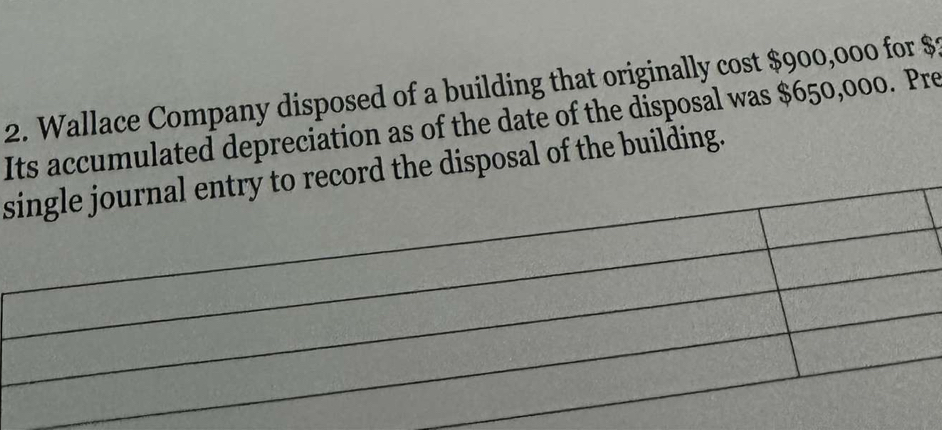 Wallace Company disposed of a building that originally cost $900,000 for $
Iccumulated depreciation as of the date of the disposal was $650,000. Pre 
sisposal of the building.