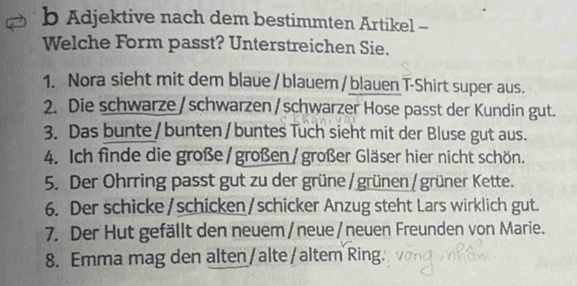 Adjektive nach dem bestimmten Artikel - 
Welche Form passt? Unterstreichen Sie. 
1. Nora sieht mit dem blaue / blauem / blauen T-Shirt super aus. 
2. Die schwarze / schwarzen / schwarzer Hose passt der Kundin gut. 
3. Das bunte /bunten/buntes Tuch sieht mit der Bluse gut aus. 
4. Ich finde die große/ großen / großer Gläser hier nicht schön. 
5. Der Ohrring passt gut zu der grüne / grünen / grüner Kette. 
6. Der schicke /schicken/schicker Anzug steht Lars wirklich gut. 
7. Der Hut gefällt den neuem / neue/neuen Freunden von Marie. 
8. Emma mag den alten/alte/altem Ring.