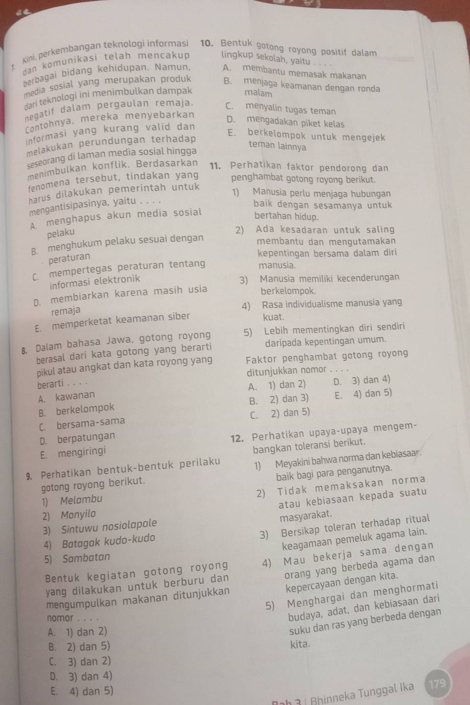 Kini, perkembangan teknologi informasi 10. Bentuk gotong royong positif dalam
dan komunikasi telah mencakup lingkup sekolah, yaitu . . 。 。
berbagai bidang kehidupan. Namun, A. membantu memasak makanan
media sosial yang merupakan produk B. menjaga keamanan dengan ronda
dari teknologi ini menimbulkan dampak
malam
negatif dalam pergaulan remaja. C. menyalin tugas teman
Contohnya, mereka menyebarkam
D. mengadakan piket kelas
informasi yang kurang valid dan
melakukan perundungan terhadap
E. berkelompok untuk mengejek
teman lainnya
seseorang di laman media sosial hingga
menimbulkan konflik. Berdasarkan 11. Perhatikan faktor pendorong dan
fenomena tersebut, tindakan yang penghambat gotong royong berikut.
harus dilakukan pemerintah untuk
1) Manusia perlu menjaga hubungan
mengantisipasinya, yaitu
baik dengan sesamanya untuk
A. menghapus akun media sosial
bertahan hidup.
pelaku
2) Ada kesadaran untuk saling
B. menghukum pelaku sesuai dengan
membantu dan mengutamakan
peraturan
kepentingan bersama dalam diri
C. mempertegas peraturan tentang
manusia.
informasi elektronik
3) Manusia memiliki kecenderungan
D. membiarkan karena masih usia
berkelompok.
remaja
4) Rasa individualisme manusia yang
E. memperketat keamanan siber
kuat.
8. Dalam bahasa Jawa, gotong royong 5) Lebih mementingkan diri sendiri
berasal dari kata gotong yang berarti daripada kepentingan umum.
pikul atau angkat dan kata royong yang Faktor penghambat gotong royong
ditunjukkan nomor
berarti . . . .
A. kawanan A. 1) dan 2) D. 3) dan 4)
B. berkelompok B. 2) dan 3) E. 4) dan 5)
C. bersama-sama C. 2) dan 5)
D. berpatungan
E. mengiringi 12. Perhatikan upaya-upaya mengem-
bangkan toleransi berikut.
9. Perhatikan bentuk-bentuk perilaku 1) Meyakini bahwa norma dan kebiasaar.
baik bagi para penganutnya.
gotong royong berikut.
2) Tidak memaksakan norma
1) Melambu
atau kebiasaan kepada suatu
2) Monyilo
masyarakat.
3) Bersikap toleran terhadap ritual
3) Sintuwu nosiolapale
keagamaan pemeluk agama lain.
4) Batagak kudo-kudo
5) Sambatan
Bentuk kegiatan gotong royong 4) Mau bekerja sama dengan
orang yang berbeda agama dan
kepercayaan dengan kita.
yang dilakukan untuk berburu dan
5) Menghargai dan menghormati
mengumpulkan makanan ditunjukkan
nomor . . .
budaya, adat, dan kebiasaan dari
A. 1) dan 2)
suku dan ras yang berbeda dengan
B. 2) dan 5)
kita.
C. 3) dan 2)
D. 3) dan 4)
E. 4) dan 5)
ình 3 | Bhinneka Tunggal Ika 10