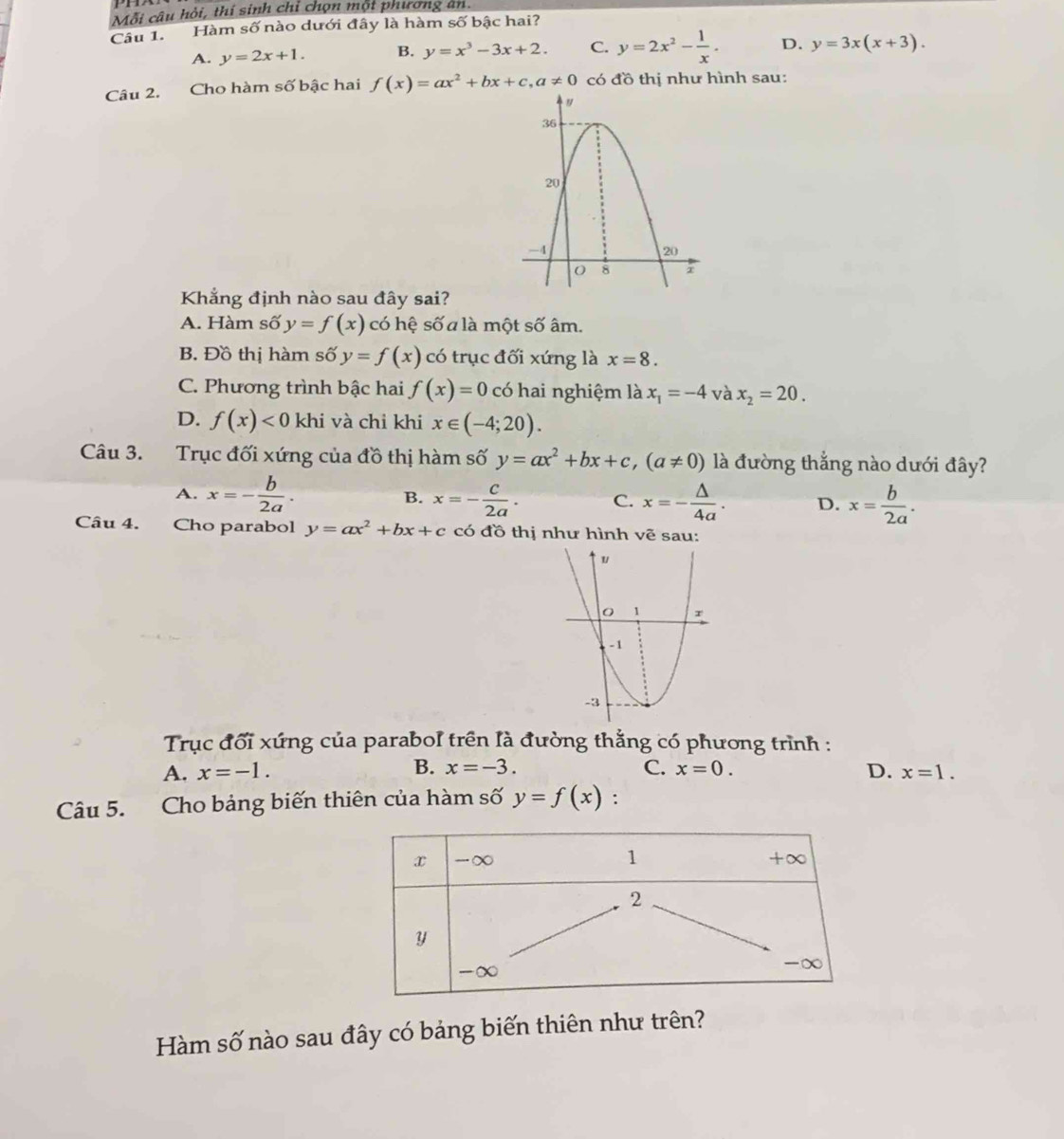 Mỗi câu hỏi, thí sinh chỉ chọn một phương an.
Câu 1. Hàm số nào dưới đây là hàm số bậc hai?
A. y=2x+1. B. y=x^3-3x+2. C. y=2x^2- 1/x . D. y=3x(x+3). 
Câu 2. Cho hàm số bậc hai f(x)=ax^2+bx+c, a!= 0 có đồ thị như hình sau:
Khẳng định nào sau đây sai?
A. Hàm số y=f(x) có hệ số a là một số âm.
B. Đồ thị hàm số y=f(x) có trục đối xứng là x=8.
C. Phương trình bậc hai f(x)=0 có hai nghiệm là x_1=-4 và x_2=20.
D. f(x)<0</tex> khi và chỉ khi x∈ (-4;20). 
Câu 3. Trục đối xứng của đồ thị hàm số y=ax^2+bx+c, (a!= 0) là đường thắng nào dưới đây?
A. x=- b/2a . x=- c/2a . C. x=- △ /4a . D. x= b/2a . 
B.
Câu 4. Cho parabol y=ax^2+bx+c có đồ thị như hình vẽ sau:
Trục đối xứng của parabol trên là đường thằng có phương trình :
A. x=-1. B. x=-3. C. x=0. D. x=1. 
Câu 5. Cho bảng biến thiên của hàm số y=f(x) :
Hàm số nào sau đây có bảng biến thiên như trên?