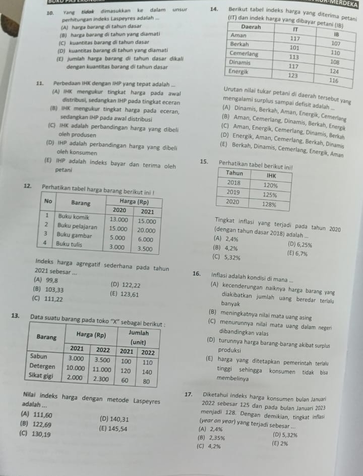 Yang tidok dimasukkan ke dalam unsur 14. Berikut tabel indeks harga yang diterima petani
perhitungan indeks Laspeyres adalah ...
(IT) dan indek harga
(A) harga barang di tahun dasar
(B) harga barang di tahun yang diamati
(C) kuantitas barang di tahun dasar
(D) kuantitas barang di tahun yang diamati
(E) jumlah harga barang di tahun dasar dikali
dengan kuantitas barang di tahun dasar
11. Perbedaan IHK dengan IHP yang tepat adalah ...
(A) IHK mengukur tingkat harga pada awal
nilai tukar petani di daerah tersebut yang
distribusi, sedangkan IHP pada tingkat eceran
mengalami surplus sampai defisit adalah ...
(B) IHK mengukur tingkat harga pada eceran,
(A) Dinamis, Berkah, Aman, Energik, Cemerlang
sedangkan IHP pada awal distribusi
(B) Aman, Cemerlang, Dinamis, Berkah, Energik
(C) IHK adalah perbandingan harga yang dibeli
(C) Aman, Energik, Cemerlang, Dinamis, Berkah
oleh produsen
(D) Energik, Aman, Cemerlang, Berkah, Dinamis
(D) IHP adalah perbandingan harga yang dibeli
(E) Berkah, Dinamis, Cemerlang, Energik, Aman
oleh konsumen 15. Perhatikan
(E) IHP adalah indeks bayar dan terima oleh 
petani
12. Perhati
 
Tingkat inflasi yang terjadi pada tahun 2020
(dengan tahun dasar 2018) adalah ...
(A) 2,4%
(B) 4,2% (D) 6,25%
(C) 5,32% (E) 6,7%
Indeks harga agregatif sederhana pada tahun 16. inflasi adalah kondisi di mana ...
2021 sebesar ... (A) kecenderungan naiknya harga barang yang
(A) 99,8 (D) 122,22 diakibatkan jumlah uang beredar terlalu
(B) 103,33 (E) 123,61
banyak
(C) 111,22 (B) meningkatnya nilai mata uang asing
13. Data suatu bar (C) menurunnya nilai mata uang dalam negeri
dibandingkan valas
(D) turunnya harga barang-barang akibat surplus
produksi
(E) harga yang ditetapkan pemerintah terlalu
tinggi sehingga konsumen tidak bisa
membelinya
17. Diketahui indeks harga konsumen bulan Januari
Nilai indeks harga dengan metode Laspeyres 2022 sebesar 125 dan pada bulan Januari 2023
adalah ...
menjadi 128. Dengan demikian, tingkat inflas
(A) 111,60 (D) 140,31
(year on yeɑr) yang terjadi sebesar ...
(B) 122,69 (E) 145,54 (A) 2,4%
(C) 130,19 (B) 2,35% (E) 2% (D) 5,32%
(C) 4,2%