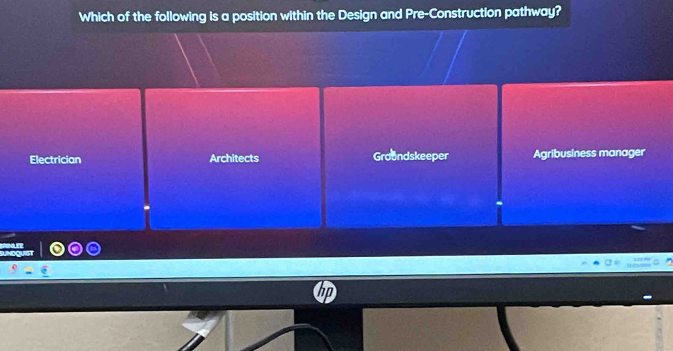 Which of the following is a position within the Design and Pre-Construction pathway?
Electrician Architects Groundskeeper Agribusiness manager