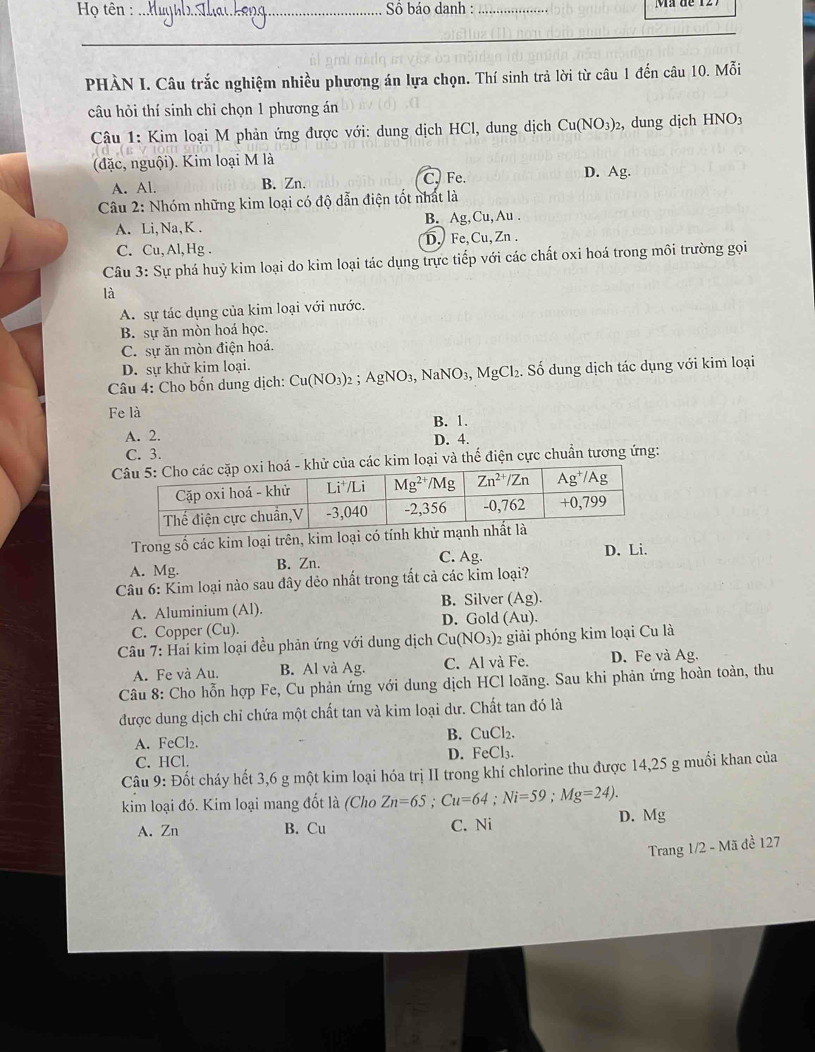 Họ tên :_  Số báo danh : _Ia de 12
_
PHÀN I. Câu trắc nghiệm nhiều phương án lựa chọn. Thí sinh trả lời từ câu 1 đến câu 10. Mỗi
câu hỏi thí sinh chỉ chọn 1 phương án
Câu 1: Kim loại M phản ứng được với: dung dịch HCl, dung dịch Cu(NO_3)_2 , dung dịch HNO_3
(đặc, nguội). Kim loại M là
D. Ag
A. Al. B. Zn.
C. Fe.
Câu 2: Nhóm những kim loại có độ dẫn điện tốt nhất là
A. Li, Na,K . B. Ag,Cu,Au .
C. Cu, Al,Hg . D. Fe,Cu,Zn .
Câu 3: Sự phá huỷ kim loại do kim loại tác dụng trực tiếp với các chất oxi hoá trong môi trường gọi
là
A. sự tác dụng của kim loại với nước.
B. sự ăn mòn hoá học.
C. sự ăn mòn điện hoá.
D. sự khử kim loại.
Câu 4: Cho bốn dung dịch: Cu(NO_3)_2;AgNO_3,NaNO_3,MgCl_2. Số dung dịch tác dụng với kim loại
Fe là
B. 1.
A. 2. D. 4.
C. 3.
ử của các kim loại và thế điện cực chuẩn tương ứng:
Trong số các kim loại trên, kim loại có tính kh
C. Ag. D. Li.
A. Mg. B. Zn.
Câu 6: Kim loại nào sau đây dẻo nhất trong tất cả các kim loại?
A. Aluminium (Al). B. Silver (Ag)
D. Gold (Au).
C. Copper (Cu).
Câu 7: Hai kim loại đều phản ứng với dung dịch Cu(N O_3 02 giải phóng kim loại Cu là
A. Fe và Au. B. Al và Ag. C. Al và Fe. D. Fe và Ag.
Câu 8: Cho hỗn hợp Fe, Cu phản ứng với dung dịch HCl loãng. Sau khi phản ứng hoàn toàn, thu
được dung dịch chỉ chứa một chất tan và kim loại dư. Chất tan đó là
A. FeCl₂. B. CuCl₂.
C. HCl. D. FeCl₃.
Câu 9: Đốt cháy hết 3,6 g một kim loại hóa trị II trong khí chlorine thu được 14,25 g muối khan của
kim loại đó. Kim loại mang đốt là (Cho Zn=65;Cu=64;Ni=59;Mg=24).
A. Zn B. Cu C. Ni D. Mg
Trang 1/2 - Mã đề 127