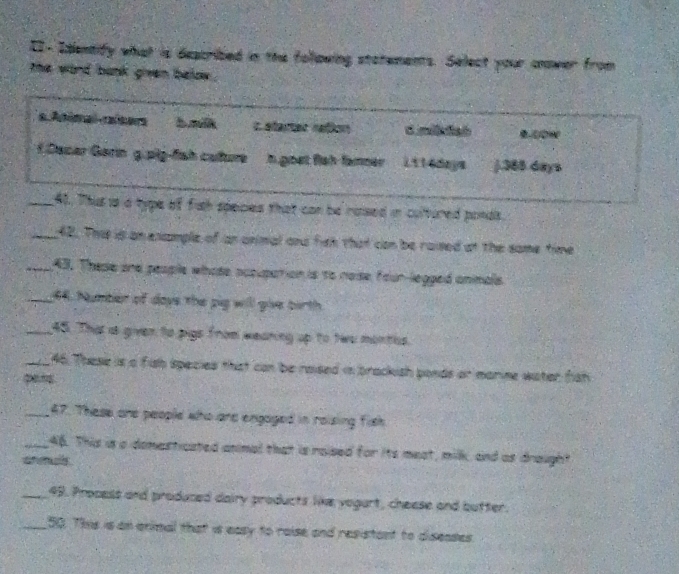 II- Identify what is described in the following stotements. Select your cnower from 
the word bank given below. 

C etartas rafon 
f Cacar Garin g.pig-fah calure h gost fish famner Lit6days j. 388 days
_40. Thit is a type of fish species that can be nased in cultured ponds. 
_42. This is an excmple of an animal and fish that can be raised at the same time 
_43. These one people whose occupation is to noise four-legged animas 
_6. Number of days the pig will give birth 
_45 Thợ đ gven pigs from wearing up to two montes. 
_46. These is a fish species that can be raised in brackish ponds or marine water fish 
_47. These are people who and engaged in roising fish 
_46. This is a domesticated animal that is raised for its meat, milk, and as draught 
aneus 
_49. Process and produced dairy products like yegart, chease and butter. 
_50. Tims is an enimal that is easy to raise and resistant to diseases