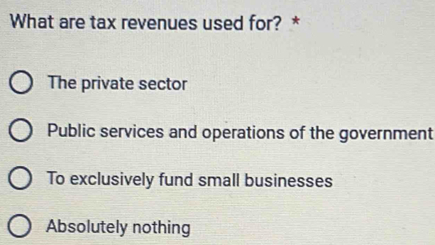 What are tax revenues used for? *
The private sector
Public services and operations of the government
To exclusively fund small businesses
Absolutely nothing