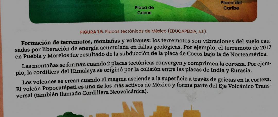 Placa del 
Placa de Caribe 
Cocos 
FIGURA 1.5. Placas tectónicas de México (EDUCAPEDIA, s.f.). 
Formación de terremotos, montañas y volcanes: los terremotos son vibraciones del suelo cau- 
sadas por liberación de energía acumulada en fallas geológicas. Por ejemplo, el terremoto de 2017 
en Puebla y Morelos fue resultado de la subducción de la placa de Cocos bajo la de Norteamérica. 
Las montañas se forman cuando 2 placas tectónicas convergen y comprimen la corteza. Por ejem- 
plo, la cordillera del Himalaya se originó por la colisión entre las placas de India y Eurasia. 
Los volcanes se crean cuando el magma asciende a la superficie a través de grietas en la corteza. 
El volcán Popocatépetl es uno de los más activos de México y forma parte del Eje Volcánico Trans- 
versal (también llamado Cordillera Neovolcánica).