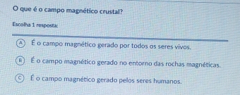 que é o campo magnético crustal?
Escolha 1 resposta:
É o campo magnético gerado por todos os seres vivos.
: É o campo magnético gerado no entorno das rochas magnéticas.
É o campo magnético gerado pelos seres humanos.