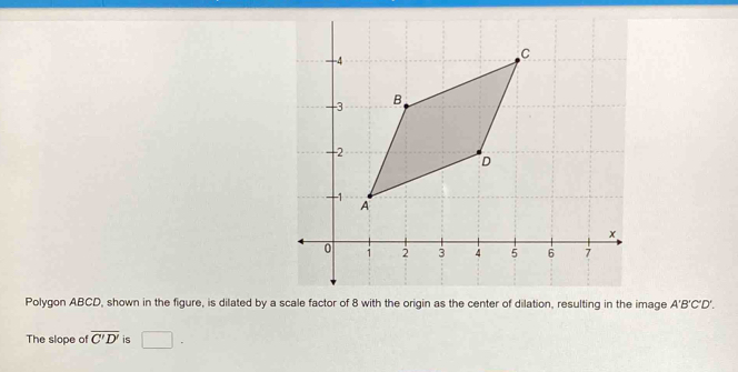 Polygon ABCD, shown in the figure, is dilated by a scale factor of 8 with the origin as the center of dilation, resulting in the image A'B'C'D'. 
The slope of overline C'D' is □