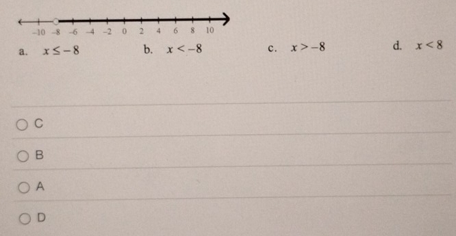 a. x≤ -8 b. x c. x>-8 d. x<8</tex> 
C
B
A
D