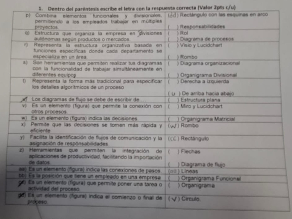 Dentro del paréntesis escribe el letra con la respuesta correcta (Valor 2pts c/u)