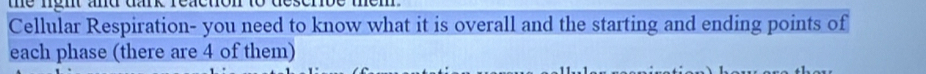 the ngnt and dark reacton 
Cellular Respiration- you need to know what it is overall and the starting and ending points of 
each phase (there are 4 of them)