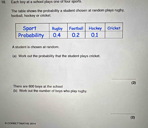 Each boy at a school plays one of four sports. 
The table shows the probability a student chosen at random plays rugby, 
football, hockey or cricket. 
A student is chosen at random. 
(a) Work out the probability that the student plays cricket. 
_ 
There are 600 boys at the school (2) 
(b) Work out the number of boys who play rugby. 
_ 
(2) 
© CORBETTMATHS 2014