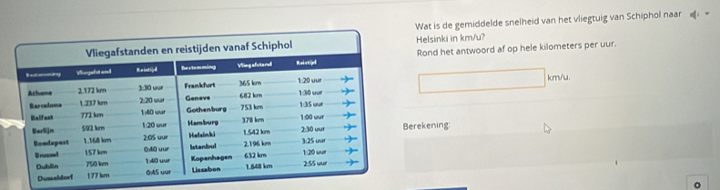 Wat is de gemiddelde snelheid van het vliegtuig van Schiphol naar 
Helsinki in km/u? 
Rond het antwoord af op hele kilometers per uur.
km/u
erekening: