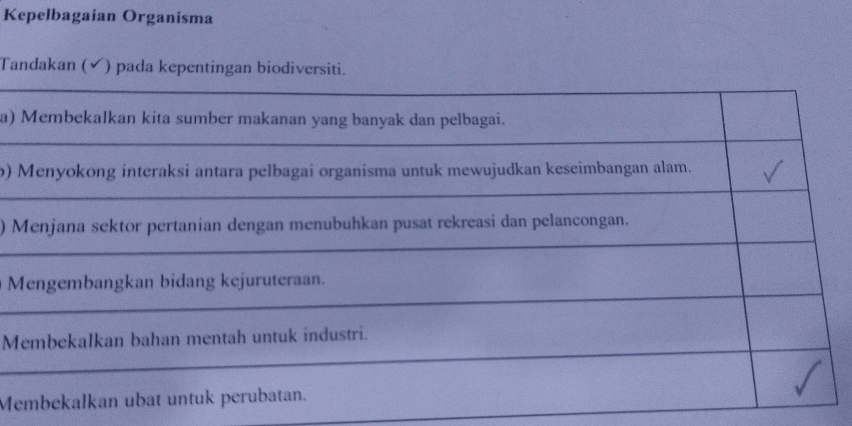 Kepelbagaian Organisma 
Tandakan (✔ ) pada kepentingan biodiversiti. 
a) 
b) 
)
M
M
M