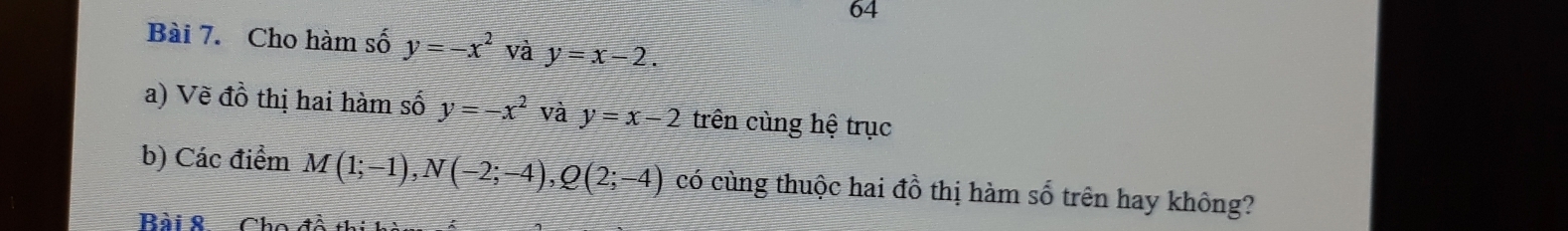 Cho hàm số y=-x^2 và y=x-2. 
a) Về đồ thị hai hàm số y=-x^2 và y=x-2 trên cùng hệ trục 
b) Các điểm M(1;-1), N(-2;-4), Q(2;-4) có cùng thuộc hai đồ thị hàm số trên hay không? 
Bài & Cho