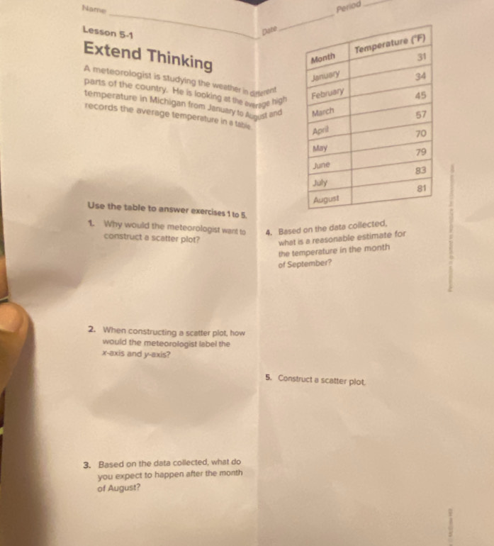 Name 
Period_ 
_ 
Lesson 5-1 
Date 
Extend Thinking 
A meteorologist is studying the weather in deterent 
parts of the country. He is looking at the everage high 
temperature in Michigan from January to Aunust and 
records the average temperature in a table. 
Use the table to answer exercises 1 to 5. 
1. Why would the meteorologist want to 4. Based on the data collected, 
construct a scatter plot? 
what is a reasonable estimate for 
the temperature in the month
of September? 
2. When constructing a scatter plot, how 
would the meteorologist label the 
x-axis and y-axis? 
5. Construct a scatter plot. 
3. Based on the data collected, what do 
you expect to happen after the month 
of August?