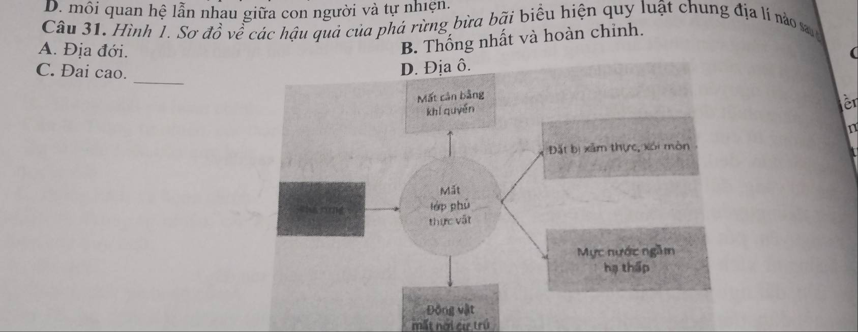 D. môi quan hệ lẫn nhau giữa con người và tự nhiện
Câu 31. Hình 1. Sơ . vector dO về các hậu quả của phá rừng bừa bãi biểu hiện quy luật chung địa lí nào sann
A. Địa đới.
B. Thống nhất và hoàn chỉnh.
a
C. Đai cao.èr
n
mắt nơi cư trú