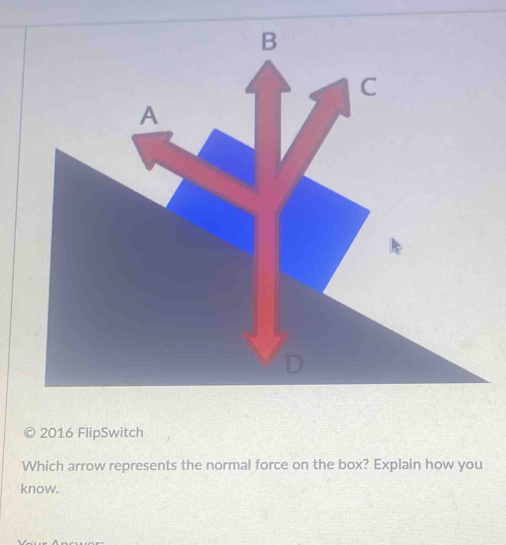 2016 FlipSwitch 
Which arrow represents the normal force on the box? Explain how you 
know.