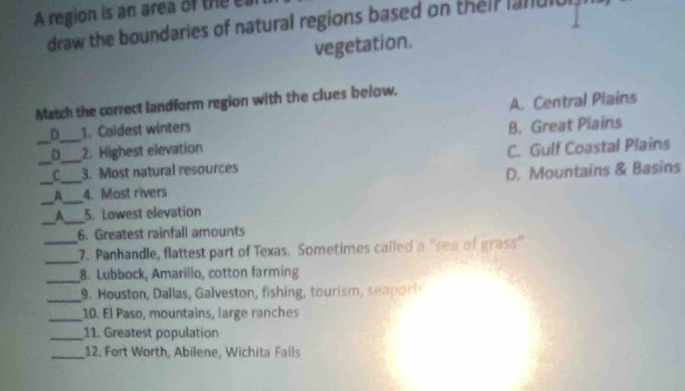 A region is an area of the e
draw the boundaries of natural regions based on their lanuiul
vegetation.
Match the correct landform region with the clues below.
D_ 1. Coidest winters A. Central Plains
2. Highest elevation B. Great Plains
___C__ 3. Most natural resources C. Gulf Coastal Plains
_
_
A 4. Most rivers D. Mountains & Basins
_
A_ 5. Lowest elevation
6. Greatest rainfall amounts
__7. Panhandle, flattest part of Texas. Sometimes called a "sea of grass"
_8. Lubbock, Amarillo, cotton farming
_ 9. Houston, Dallas, Galveston, fishing, tourism, seaort
_10. El Paso, mountains, large ranches
_11. Greatest population
_12. Fort Worth, Abilene, Wichita Falls