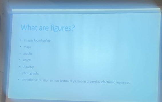 What are figures?
images found online
maps
graphs
charts
drawings
photographs
any other illustration or non-textual depiction in printed or electronic resources.