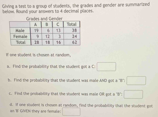 Giving a test to a group of students, the grades and gender are summarized 
below. Round your answers to 4 decimal places. 
Grades and Gender 
If one student is chosen at random, 
a. Find the probability that the student got a C: □ 
b. Find the probability that the student was male AND got a ''B'': □ 
c. Find the probability that the student was male OR got a 'B": □ 
d. If one student is chosen at random, find the probability that the student got 
an 'B' GIVEN they are female: □