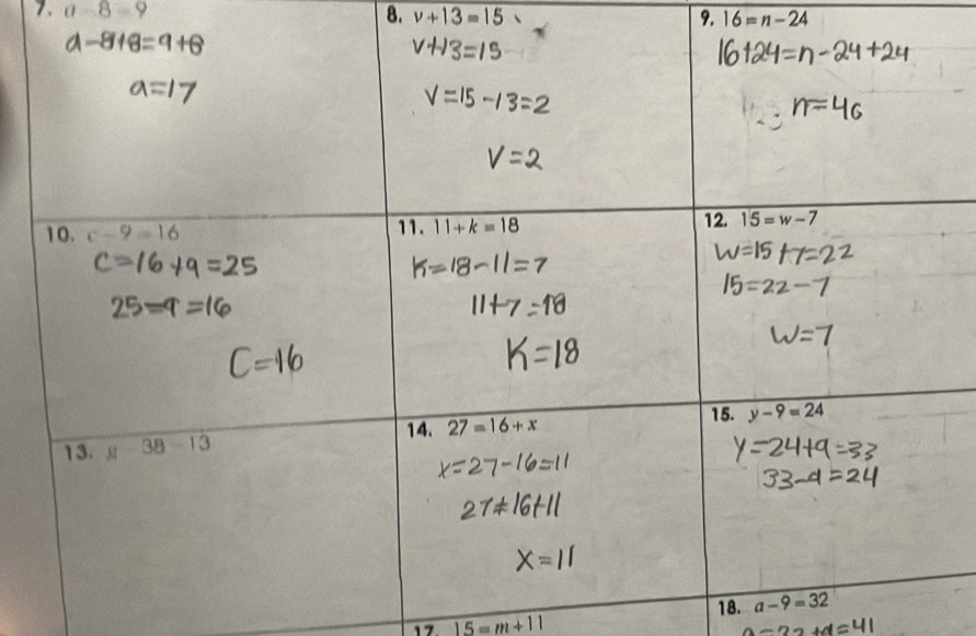 a-8=9 8. v+13=15 9. 16=n-24
18. 
17 15=m+11