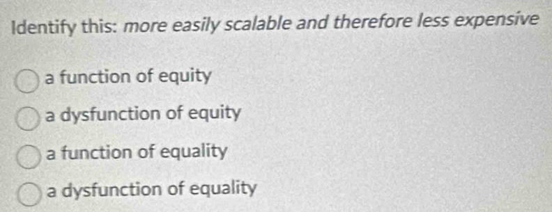 Identify this: more easily scalable and therefore less expensive
a function of equity
a dysfunction of equity
a function of equality
a dysfunction of equality