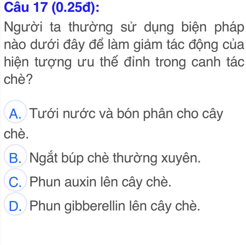 (0.25đ):
Người ta thường sử dụng biện pháp
nào dưới đây để làm giảm tác động của
hiện tượng ưu thế đỉnh trong canh tác
chè?
A. Tưới nước và bón phân cho cây
chè.
B. Ngắt búp chè thường xuyên.
C. Phun auxin lên cây chè.
D. Phun gibberellin lên cây chè.