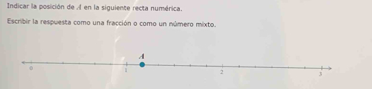 Indicar la posición de en la siguiente recta numérica. 
Escribir la respuesta como una fracción o como un número mixto.