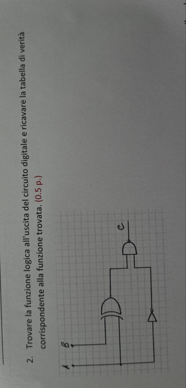 Trovare la funzione logica all'uscita del circuito digitale e ricavare la tabella di verità 
corrispondente alla funzione trovata. (0.5 p.)