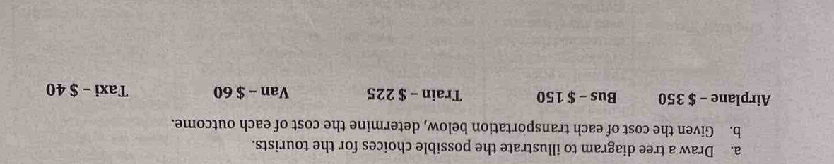 Draw a tree diagram to illustrate the possible choices for the tourists. 
b. Given the cost of each transportation below, determine the cost of each outcome. 
Airplane - $ 350 Bus - $ 150 Train - $ 225 Van - $ 60 Taxi - $ 40