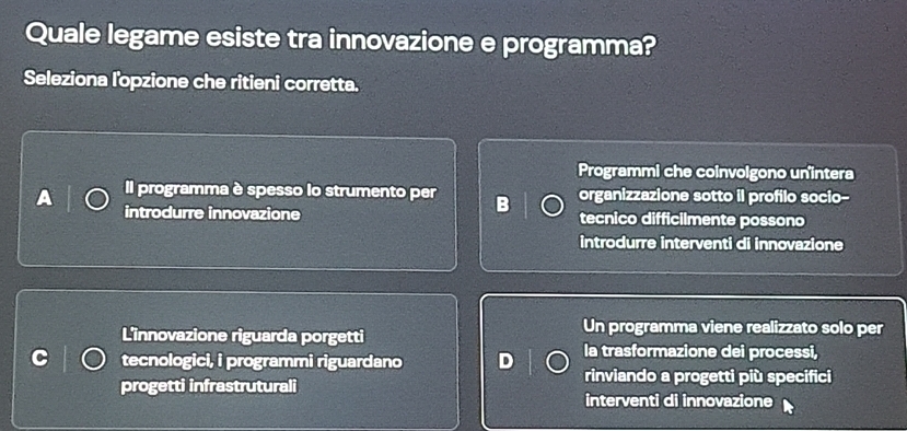 Risolto:Quale legame esiste tra innovazione e programma? Seleziona l ...