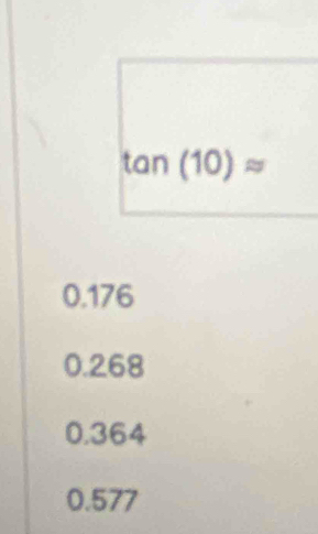 tan (10)approx
0.176
0.268
0.364
0.577