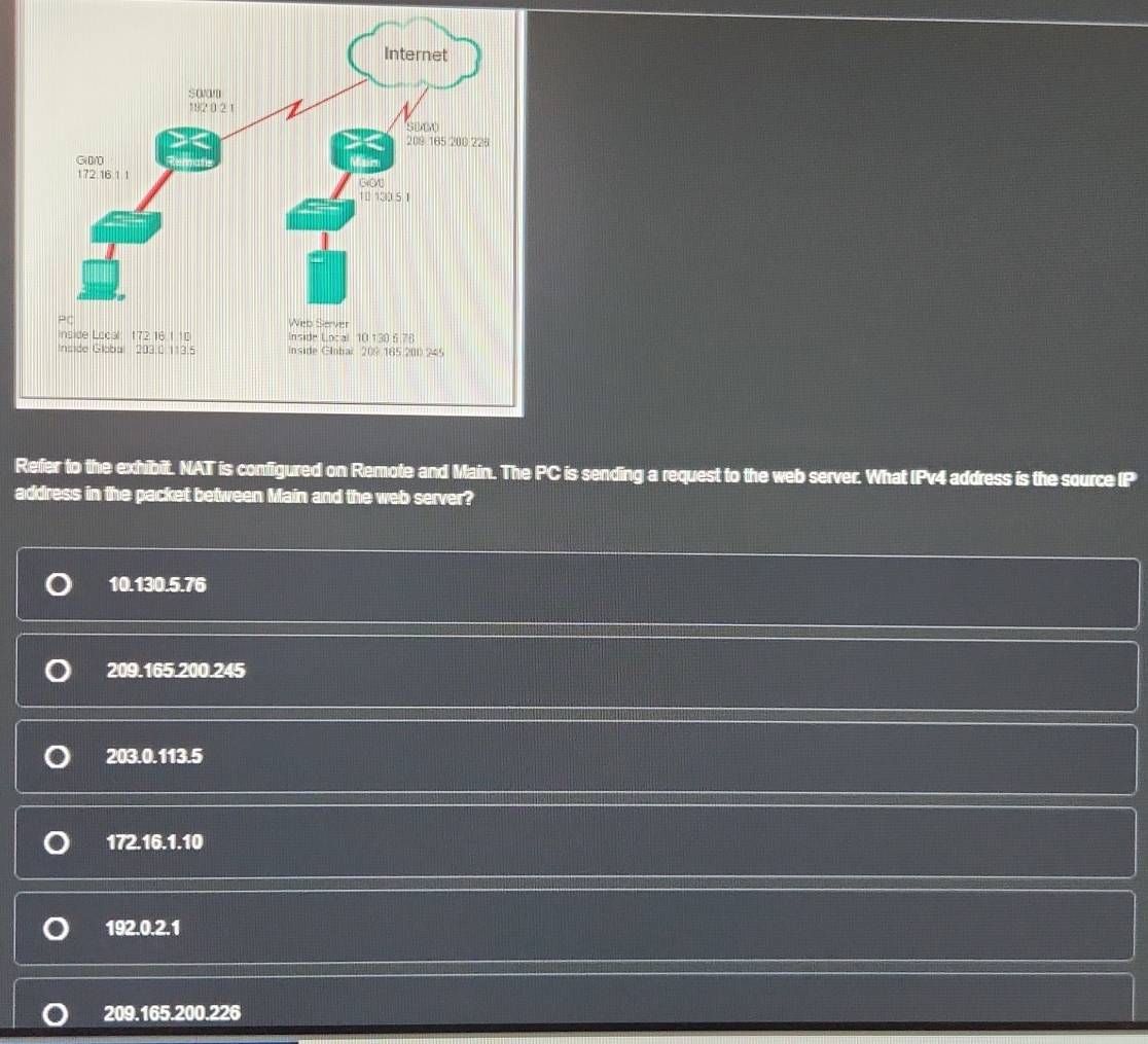 Refer to the exhibit. NAT is configured on Remote and Main. The PC is sending a request to the web server. What IPv4 address is the source (P
address in the packet between Main and the web server?
10.130.5.76
209.165.200.245
203.0.113.5
172.16.1.10
192.0.2.1
209.16520.02 26