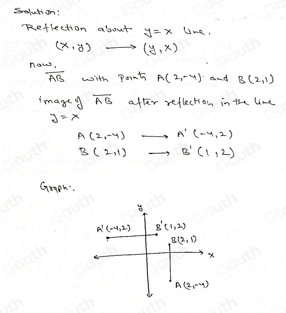 Solution: 
Reflection about y=x Line.
(x,y) to (y,x)
now,
overline AB with Point A(2,-4) and B(2,1)
imaged overline AB after reflection in the like
y=x
A(2,-4)to A'(-4,2)
B(2,1)to B'(1,2)
GraPh".