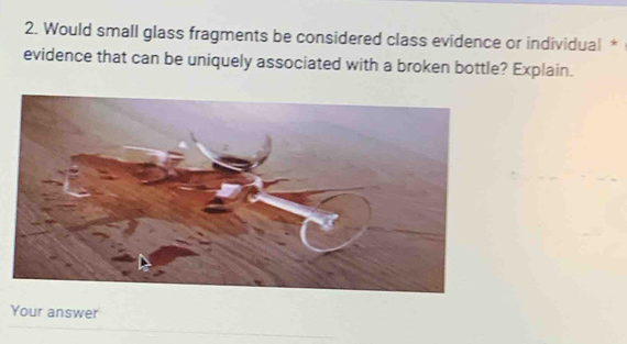 Would small glass fragments be considered class evidence or individual * 
evidence that can be uniquely associated with a broken bottle? Explain. 
Your answer