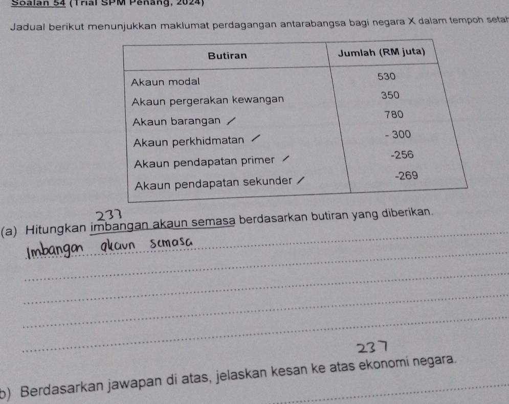 Soalan 54 (Trial SPM Peñang, 2024) 
Jadual berikut menunjukkan maklumat perdagangan antarabangsa bagi negara X dalam tempoh setah 
(a) Hitungkan imbangan akaun semasa berdasarkan butiran yang diberikan. 
__ 
_ 
_ 
_ 
b) Berdasarkan jawapan di atas, jelaskan kesan ke atas ekonomí negara.